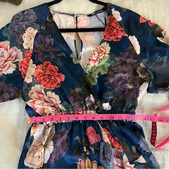ZARA SHORT PRINTED JUMPSUIT PLAYSUIT BLUE FLORAL TROPICAL RUFFLE Large - Picture 7 of 7